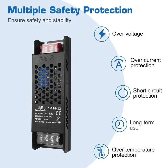 Alt view image 11 of 14 - LED Driver 12V 120W 10A Slim LED Power Supply, AC 100-250V to 12V DC Adapter, Constant Voltage Transformer for LED Strip Lights, Bulbs, Garden and Cabinet Lights