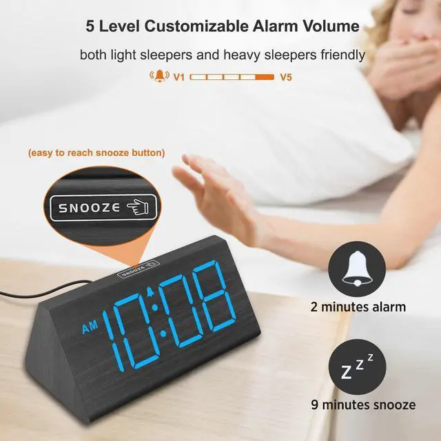 Alt view image 13 of 14 - Wooden Digital Alarm Clocks for Bedrooms - Electric Desk Clock with Large Numbers, USB Port, Loud Alarm for Heavy Sleepers, Adjustable Volume, Dimmer, DST, Wood Décor Gifts, Adapter Powered