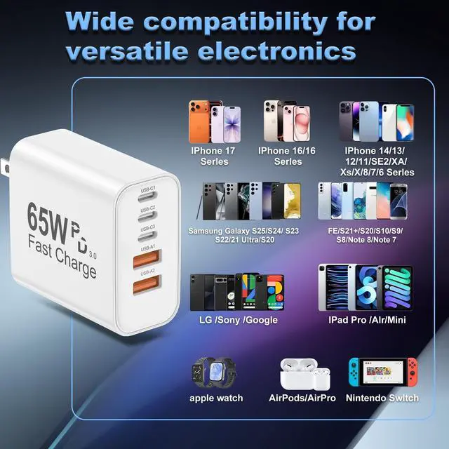 Alt view image 12 of 12 - USB C Charger Block, 2-Pack 65W 6-Port USB C Wall Charger iPhone Charger Fast Charging PD Power Adapter+QC Wall Plug Multiport Type C Brick Chargers for iPhone 17 16 15 14 13 12 11 Pro Max XS,Samsung