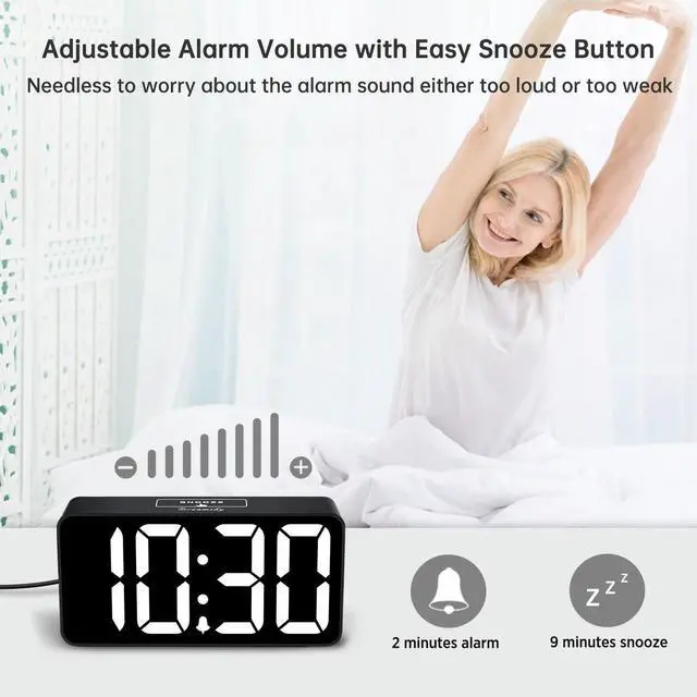 Alt view image 13 of 14 - Small Digital Alarm Clock for Bederoom, Large Big Numbers Display with Dimmer for Living Room, Electric Bedside Desk Clock with USB Charging Port, Adjustable Volume, USB-C Adapter Powered