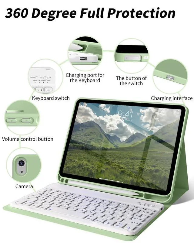Alt view image 10 of 14 - for iPad (A16) 11th/10th Generation Case with Keyboard 11/10.9 inch 2025/2022, Detachable Wireless Bluetooth Keyboard Case Thin & Light with Pencil Holder (Sage Green)