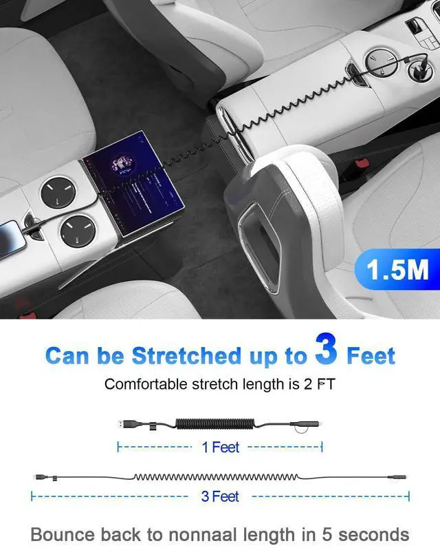 Alt view image 14 of 14 - Coiled USB C and Lightning Cable 2 in 1, 3FT Retractable iPhone 15 16 17 Car Charger Cord 60W Fast Charging Apple USB C CarPlay Cable Type C Car Charger Cord for iPhone 17-6/Samsung/pad/Airpod
