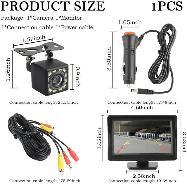 Alt view image 8 of 12 - Backup Camera with Monitor 4.6'',12 LED HD Rearview Mirror Camera for Night Vision,150° Wide Angle Universal Car Reverse Camera with Monitor System Fits 12V Cars SUVs