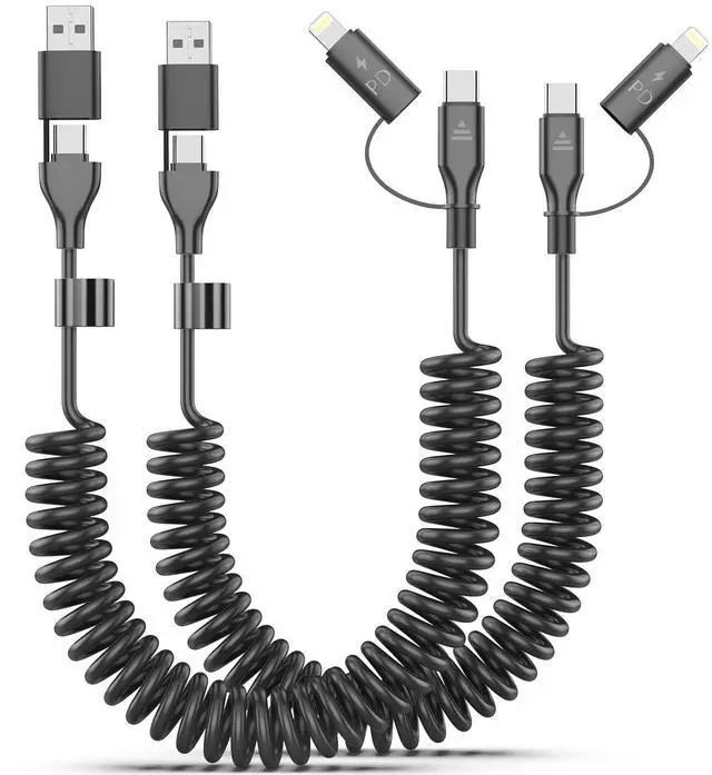 Alt view image 8 of 14 - 2 Pack Coiled USB-C and Lightning Cable 2-in-1, 3FT iPhone 17 16 15 Car Charger Cord, 60W Fast Charging Cable for iPhone 17, Samsung Galaxy, Supports Apple CarPlay & Android Auto (Black)
