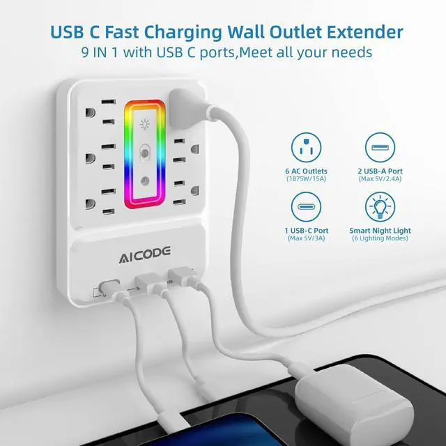Alt view image 8 of 12 - Outlet Extender with USB C, Multi Outlet Surge Protector with Nightlight, 6 Outlet Wall Plug with USB (3 USB A and 1 USB C),Wall Mount Multiple Plug Outlet Power Strip for Home,Dorm, Office