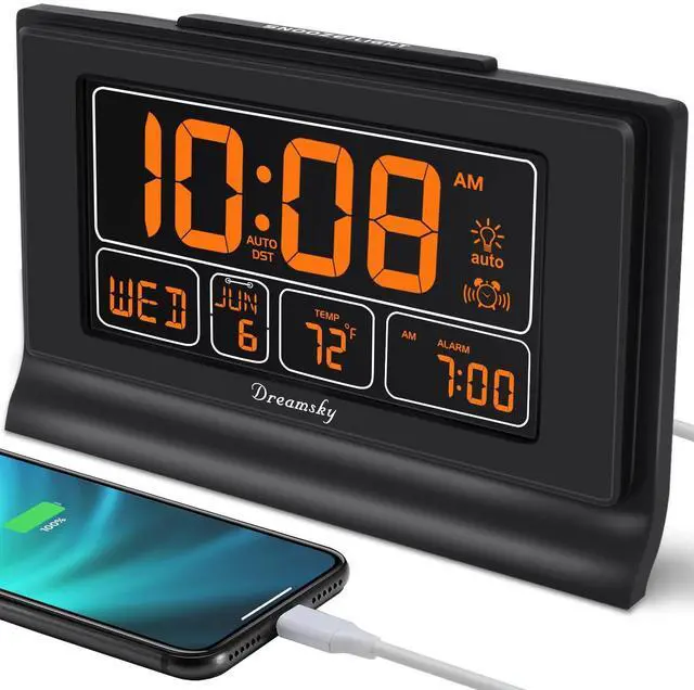 Alt view image 7 of 12 - Digital Alarm Clock with Battery Backup, 5 Inch Large Display, Auto Set Clock, USB Charging Ports, 12/24H