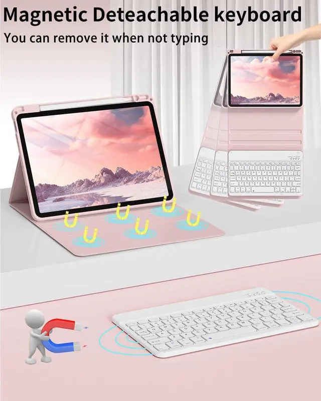 Alt view image 11 of 14 - for iPad Air 11-inch M4/M3/M2 (2026/2025/2024), iPad Air 5th/4th Generation Case with Keyboard 10.9 inch, Stand Folio Slim Cover with Pencil Holder, Detachable Bluetooth Keyboard (Pink)