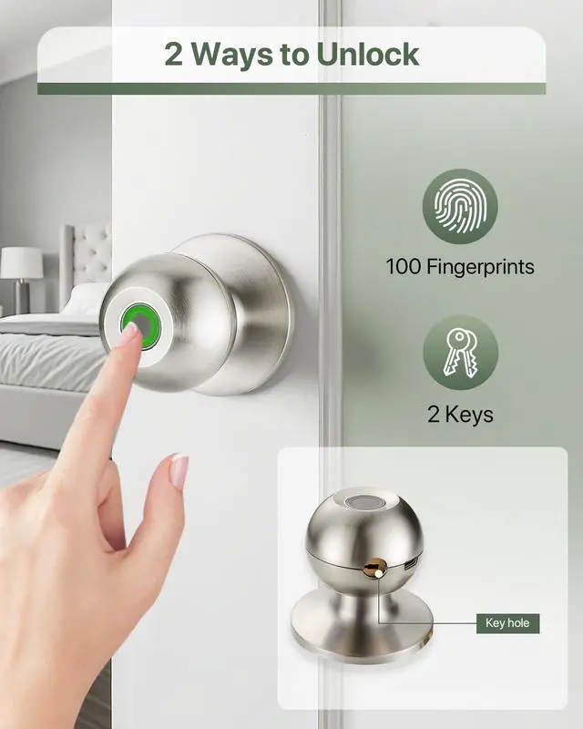 Alt view image 9 of 14 - Fingerprint Door Knob, Biometric Door Lock with Auto Lock, Passage Mode, Rechargeable Battery, Thumbprint Entry Door Knob for Bedroom, Office, Apartment & Front Door