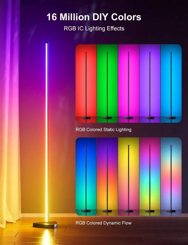 Alt view image 9 of 14 - Corner Floor Lamp, 57.5" LED Corner Lamp with APP and Remote Control, 16 Million Colors & Dynamic Modes, Music Sync, Timing Function, Color Changing Ambient Light for Living Room, Bedroom, Gaming