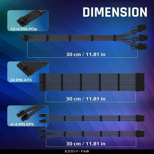 Alt view image 9 of 14 - PCIE 5.0 12VHPWR Sleeved Cable Kit, 16AWG Power Supply Cable Extension, PC PSU Sleeved Cable, 24PIN-ATX/(4+4) PIN-EPS/(12+4) PIN to 3X 8 PIN PCIE- RTX4080/4070Ti Extension Cable- Black