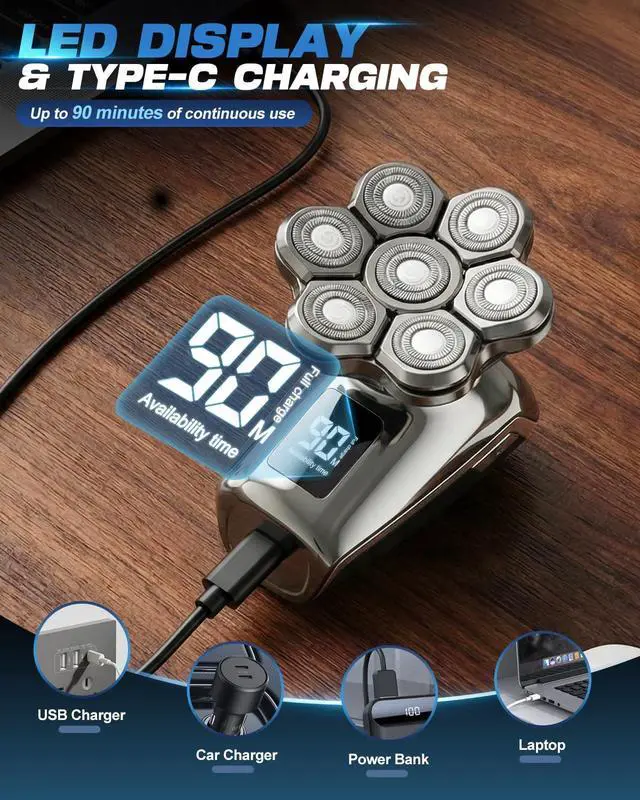 Alt view image 12 of 14 - Head Shaver for Bald Men, 7D Floating Head Electric Razor, IPX7 Waterproof Wet & Dry Bald Head Shaver with Magnetic Detachable Blade, Type-C Fast Charging LED Display, Grooming Gift for Men