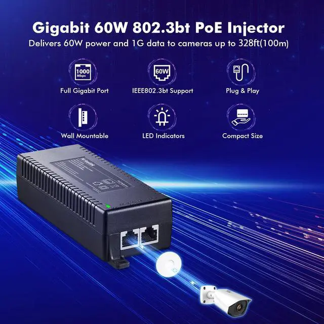 Alt view image 9 of 14 - Gigabit PoE Injector, 802.3af/at/bt 60W, 10/100/1000Mbps Ethernet, Plug & Play, Distance Up to 100 Meters (328 ft.)