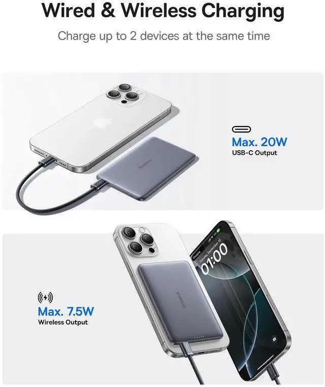 Alt view image 12 of 13 - Power Bank, 0.3" Ultra Slim 5000mAh MagSafe Battery Pack, Update Polished Alloy Magnetic Portable Charger, Wireless Charger with USB-C Cable for iPhone 17 Pro Max/17 Air/16/15/14/13/12