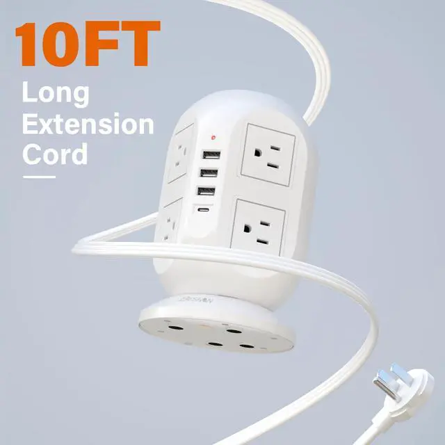 Alt view image 10 of 12 - Tower Surge Protector Power Strip 10 ft with 8 Outlets 4 USB Ports(1 USB C), Flat Plug Extension Cord with Multiple Outlets Charging Station for Home Office Dorm, White