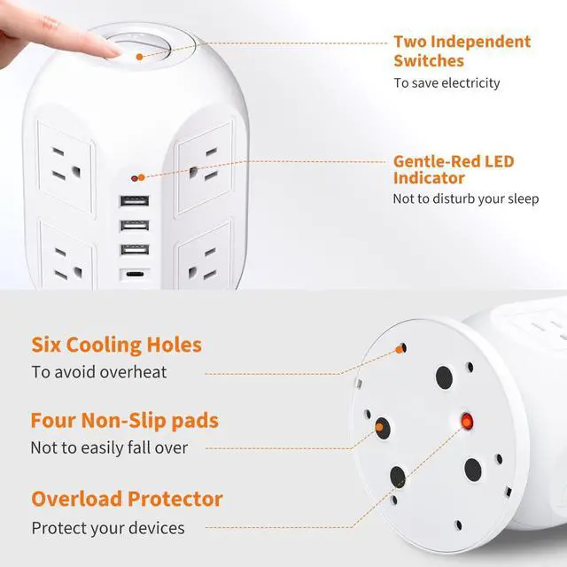 Alt view image 12 of 12 - Tower Surge Protector Power Strip 10 ft with 8 Outlets 4 USB Ports(1 USB C), Flat Plug Extension Cord with Multiple Outlets Charging Station for Home Office Dorm, White