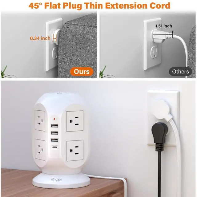Alt view image 11 of 12 - Tower Surge Protector Power Strip 10 ft with 8 Outlets 4 USB Ports(1 USB C), Flat Plug Extension Cord with Multiple Outlets Charging Station for Home Office Dorm, White