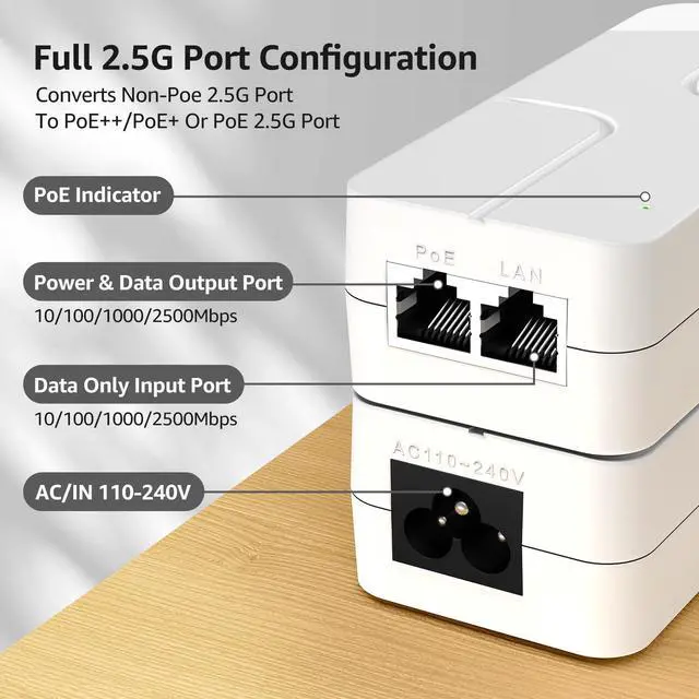Alt view image 10 of 14 - 2.5G PoE Injector 30W, PoE+ Injector Converts Non-PoE to PoE+, 52V IEEE 802.3at/af, 10/100/1000/2500Mbps Ethernet PoE Adapter Plug & Play, Power Over Ethernet Up to 325 Feet
