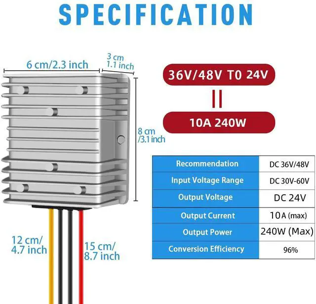 Alt view image 10 of 14 - DC-DC 24V 10A 240W Power Converter 36V/48V to 24V with Fuse Golf Cart Waterproof Buck Converter, Regulator, Reducer
