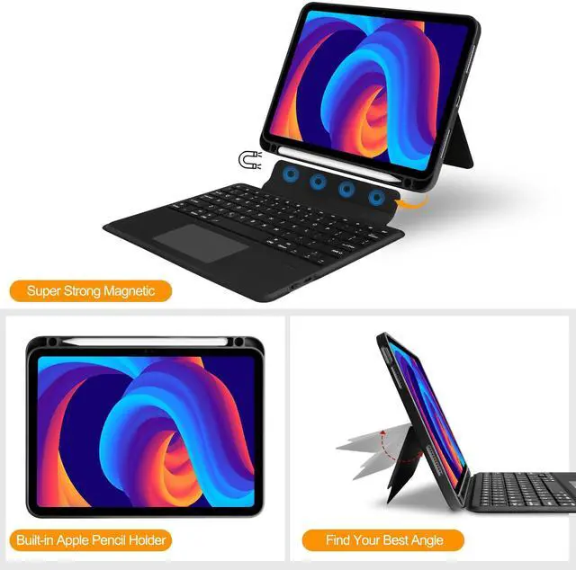 Alt view image 10 of 14 - Compatible for iPad A16 11th Generation Case with Keyboard,Multi-Touch Trackpad,Wireless Detachable Keyboard,Stand Cover with Pen Holder for iPad 11 inch A16 2025 &10th Gen 10.9" 2022,Black