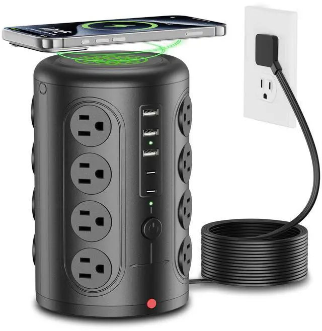 Alt view image 7 of 12 - Power Strip Tower Surge Protector, TenTrend 16 Outlets and 5 USB Ports (2 USB-C), 2000 Joules Charging Station, 6FT Flat Plug Extension Cord for Home Office Dorm Room Essentials, Black