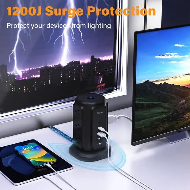 Alt view image 12 of 12 - Power Strip Tower with Flat Plug - 14 in 1 Surge Protector Tower (1200J), 9 AC Outlets & 5 USB Ports (2 USB C), 6.5ft Extension Cord, Desktop Charging Station for Home Office, Dorm Essentials, Black