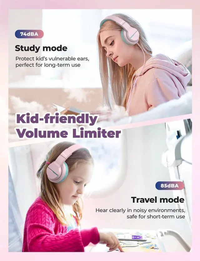 Alt view image 9 of 14 - HS19 Kids Headphones with Microphone for School, Safe Volume Limited, Over-Ear Girls Boys Headphones for Kids with Shareport, Foldable Wired for iPad/Travel (Pink)