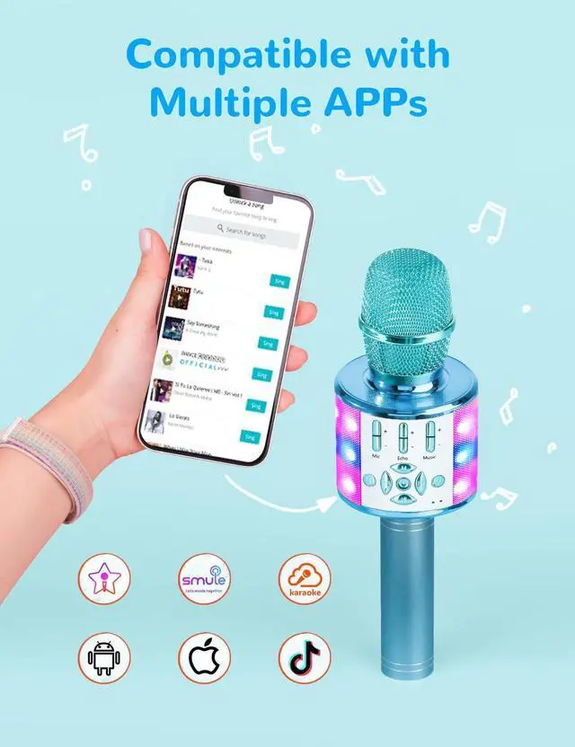 Alt view image 10 of 14 - Karaoke Microphone Machine Toys for Girls Bluetooth Microphone with LED Light, Christmas Birthday Gift for Girls Boys 3 4 5 6 7 8 9 10 11 12 Year Old Kids Toys(Blue)