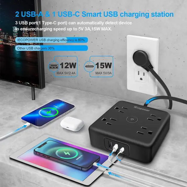 Alt view image 10 of 14 - 2 Pack Ultra Flat Plug Power Strip,Power Strips with Surge Protection-4 Widely Outlets,6 ft Flat Plug Extension Cord with 3 USB Ports(1 USB C Port),Slim Desk Charging Station,Black