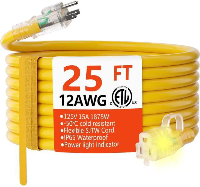 Alt view image 8 of 14 - 12 Gauge Heavy Duty Outdoor Extension Cord 25 ft Waterproof with Lighted end, Flexible Cold-Resistant 3 Prong Electric Cord Outside, 15Amp 1875W 12AWG SJTW, Yellow, ETL