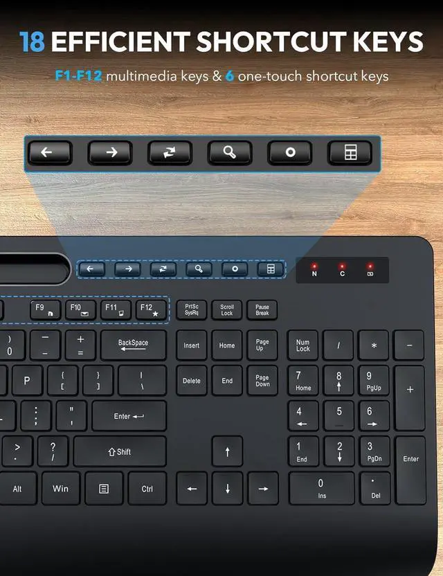 Alt view image 13 of 13 - Wireless Keyboard and Mouse Combo - Full Size Ergonomic Wrist Rest, Silent Typing, Phone Holder, 2.4 GHz, 3 Level DPI, Batteries Powered, Compatible with PC, Laptop, Windows, macOS