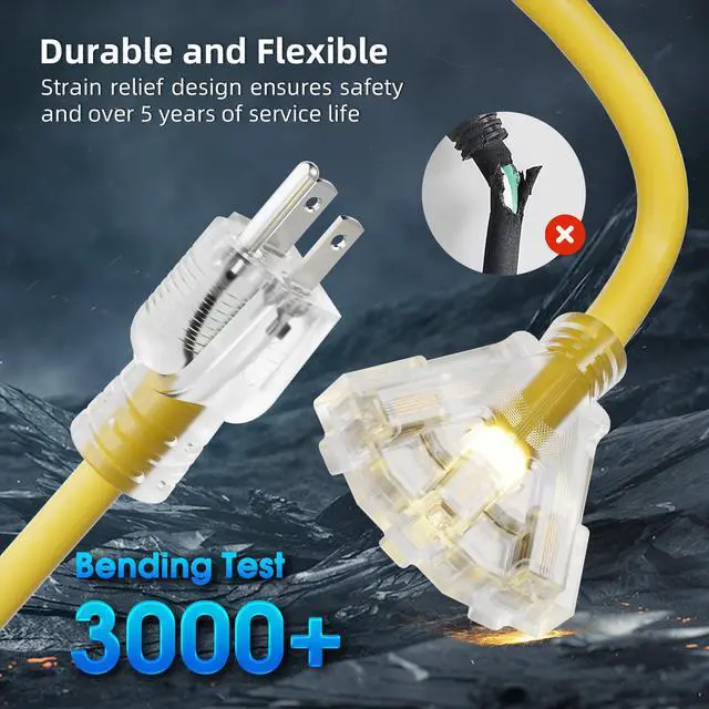 Alt view image 9 of 14 - 25 FT Outdoor Extension Cord with Multiple Outlets, 12 Gauge Heavy Duty Yellow Extension Cord Waterproof with 3 Outlet, 3 Prong Power Cord for Garden and Home Use Indicator Light, ETL Listed