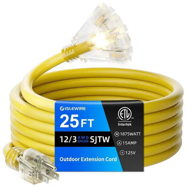 Alt view image 8 of 14 - 25 FT Outdoor Extension Cord with Multiple Outlets, 12 Gauge Heavy Duty Yellow Extension Cord Waterproof with 3 Outlet, 3 Prong Power Cord for Garden and Home Use Indicator Light, ETL Listed
