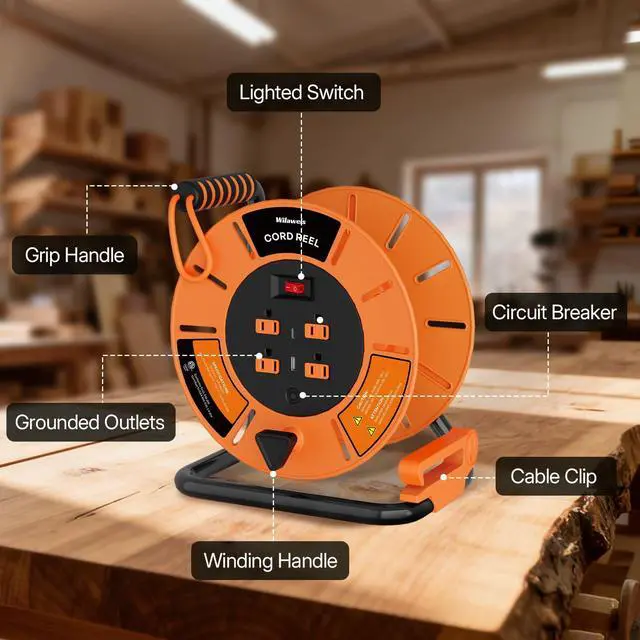 Alt view image 13 of 14 - Extension Cord Storage Reel with 4-Grounded Outlet & 2 USB Port, 15A Circuit Breaker, Heavy Duty Open Cord Reel for 12/3,14/3 Gauge Power Cord, Hand Wind Retractable,ETL Listed Orange G85CR06