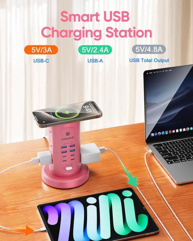 Alt view image 12 of 14 - Power Strip Tower, Surge Protector Tower 9 AC Outlets 8 USB (4 USB C), 6 Ft Retractable Extension Cord, Charging Station for Office Dorm Room, Pink