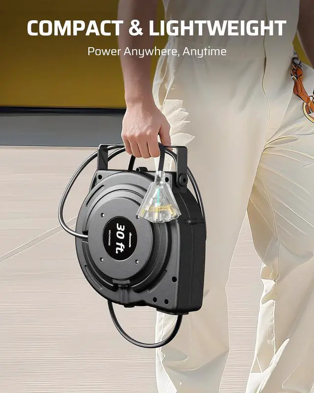 Alt view image 12 of 14 - 30FT Retractable Extension Cord Reel, 16/3C SJTW Heavy Duty Power Cord, Lighted Triple Outlets, 10A Circuit Breaker, Lightweight 180° Swivel Bracket, Ceiling/Wall Mount, ETL Listed, Black