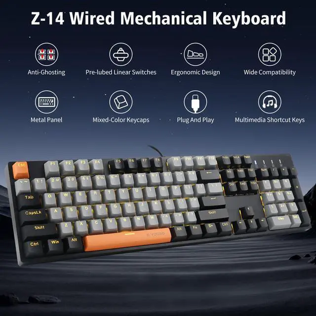 Alt view image 8 of 12 - Z-14 Wired Mechanical Gaming Keyboard 104 Key, Red Switch Hot Swappable Full-Size Office Work Computer Keyboards, Solid Yellow Backlit Mechanical Keyboard for PC Mac, Black