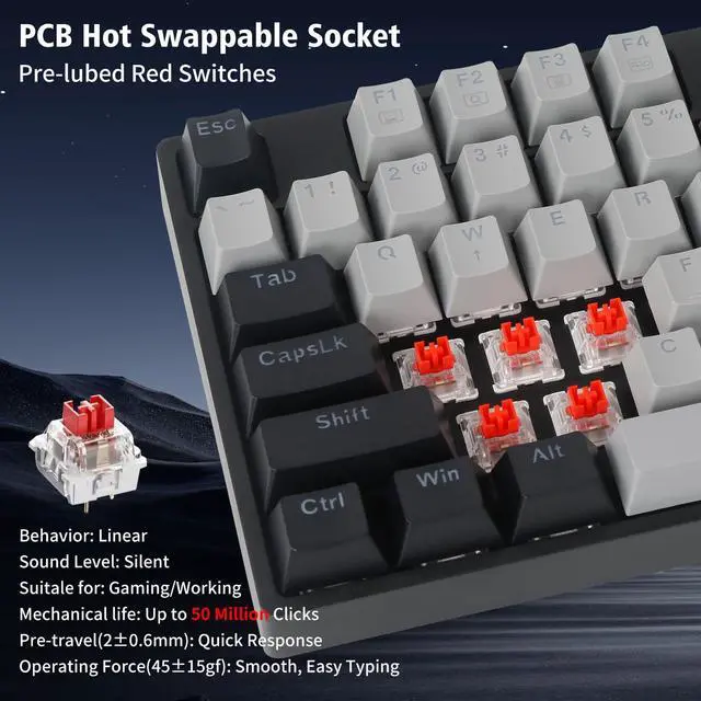 Alt view image 10 of 12 - Z-14 Wired Mechanical Gaming Keyboard 104 Key, Red Switch Hot Swappable Full-Size Office Work Computer Keyboards, Solid Yellow Backlit Mechanical Keyboard for PC Mac, Black
