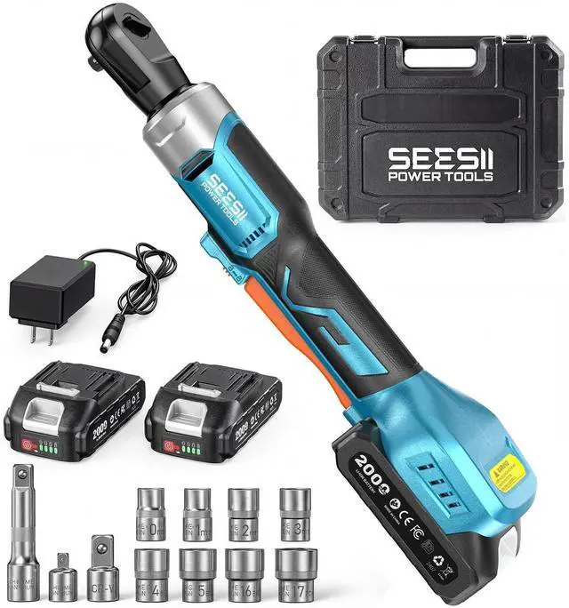 Alt view image 8 of 14 - 3/8" Cordless Ratchet Wrench Set, 60 ft-lbs (80Nm) High Torque Electric Ratchet, 21V Max & 2×2.0Ah Batteries, 300 RPM, Fast Charger, LED Work Light,1017mm Socket Set, Extension Bar & Case