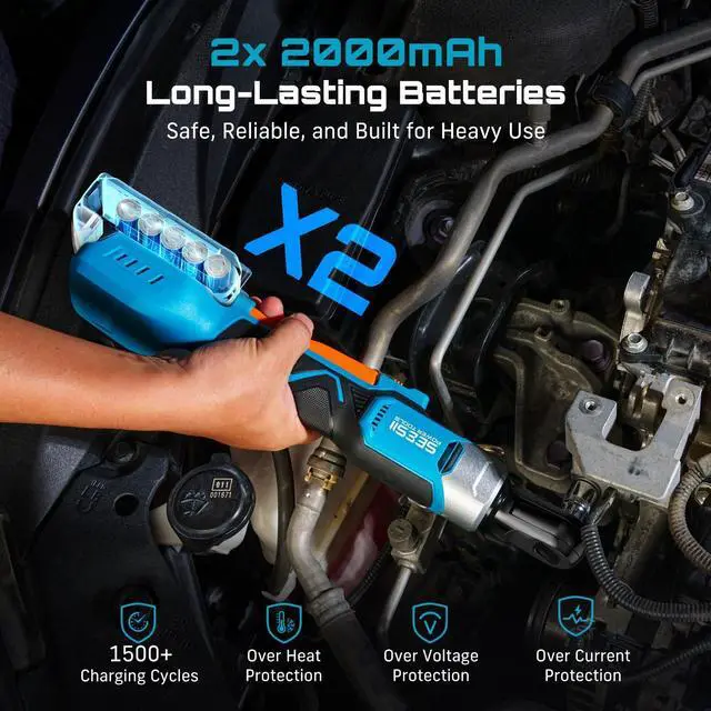 Alt view image 10 of 14 - 3/8" Cordless Ratchet Wrench Set, 60 ft-lbs (80Nm) High Torque Electric Ratchet, 21V Max & 2×2.0Ah Batteries, 300 RPM, Fast Charger, LED Work Light,1017mm Socket Set, Extension Bar & Case