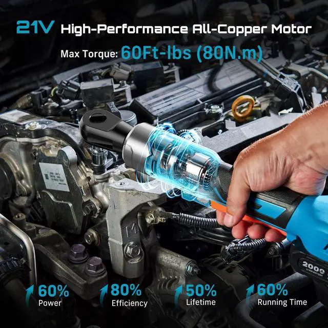 Alt view image 9 of 14 - 3/8" Cordless Ratchet Wrench Set, 60 ft-lbs (80Nm) High Torque Electric Ratchet, 21V Max & 2×2.0Ah Batteries, 300 RPM, Fast Charger, LED Work Light,1017mm Socket Set, Extension Bar & Case