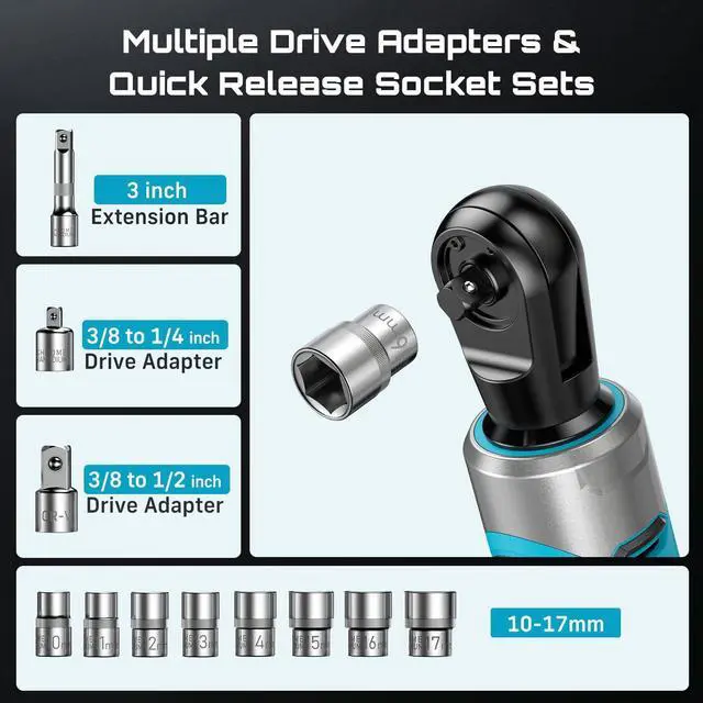 Alt view image 13 of 14 - 3/8" Cordless Ratchet Wrench Set, 60 ft-lbs (80Nm) High Torque Electric Ratchet, 21V Max & 2×2.0Ah Batteries, 300 RPM, Fast Charger, LED Work Light,1017mm Socket Set, Extension Bar & Case
