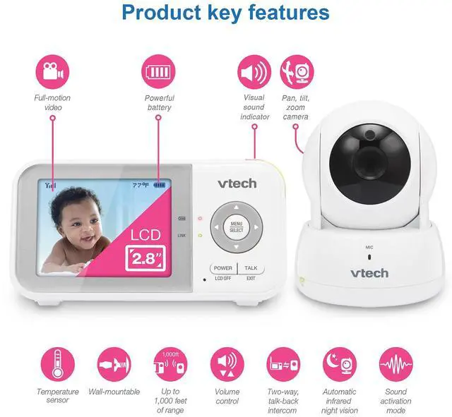 Alt view image 9 of 14 - VM923 Baby Monitor, 2.8 Screen, Pan-Tilt-Zoom, 1000ft Long Range, Night Vision, 2-Way Audio, Temperature Sensor, Lullabies, Secure Transmission No WiFi