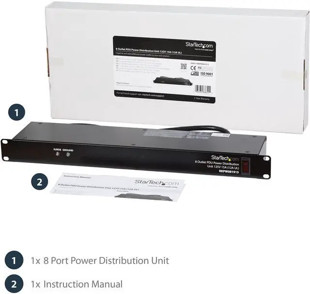 Alt view image 13 of 14 - 8 Outlet Horizontal 1U Rack Mount PDU Power Strip for Network Server Racks - Surge Protection - 120V/15A - w/ 6ft Power Cord (RKPW081915)