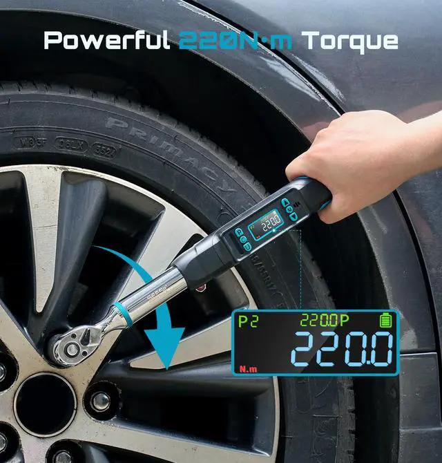 Alt view image 9 of 14 - 3/8" Digital Torque Wrench, ±2% Accuracy, 0220 N·m/0162 ft-lbs, LCD Display, Real-Time & Peak Modes, Preset & Data Storage, Dual Alarm, Electric Torque Wrench for Bicycle, Car, Motorcycle