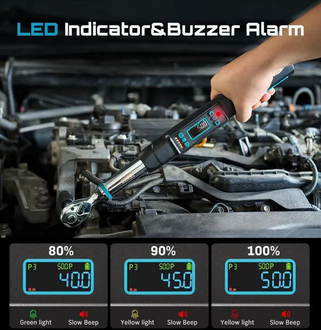 Alt view image 10 of 14 - 3/8" Digital Torque Wrench, ±2% Accuracy, 0220 N·m/0162 ft-lbs, LCD Display, Real-Time & Peak Modes, Preset & Data Storage, Dual Alarm, Electric Torque Wrench for Bicycle, Car, Motorcycle