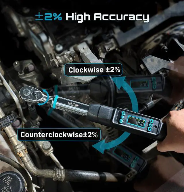 Alt view image 11 of 14 - 3/8" Digital Torque Wrench, ±2% Accuracy, 0220 N·m/0162 ft-lbs, LCD Display, Real-Time & Peak Modes, Preset & Data Storage, Dual Alarm, Electric Torque Wrench for Bicycle, Car, Motorcycle