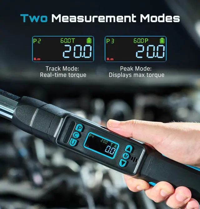 Alt view image 12 of 14 - 3/8" Digital Torque Wrench, ±2% Accuracy, 0220 N·m/0162 ft-lbs, LCD Display, Real-Time & Peak Modes, Preset & Data Storage, Dual Alarm, Electric Torque Wrench for Bicycle, Car, Motorcycle