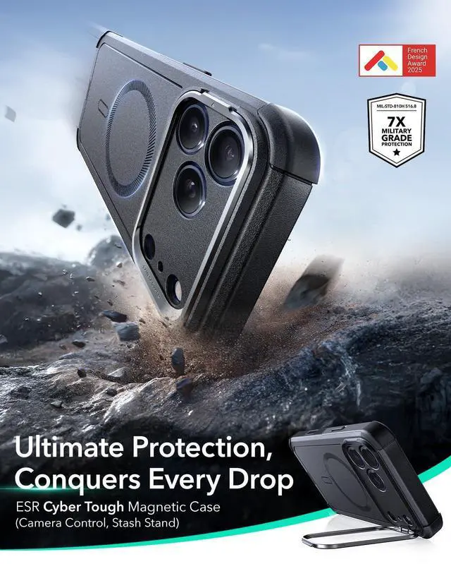 Alt view image 9 of 14 - for iPhone 17 Pro Max Phone Case with Stash Stand, 7X Military-Grade Drop Protection with Camera Control, Shock-Absorbing Rugged Cover, Compatible with MagSafe Accessories, Cyber Series, Black