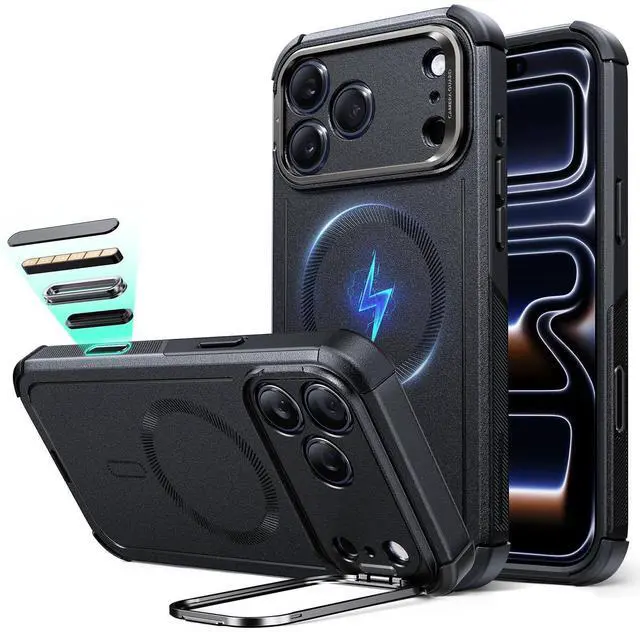 Alt view image 8 of 14 - for iPhone 17 Pro Max Phone Case with Stash Stand, 7X Military-Grade Drop Protection with Camera Control, Shock-Absorbing Rugged Cover, Compatible with MagSafe Accessories, Cyber Series, Black