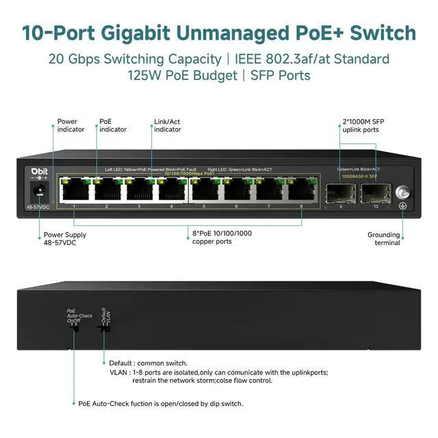 Alt view image 13 of 14 - 10-Port Gigabit Network Switch with 8 PoE+ Ports @125W with 2 Combo SFP Slots, Unmanaged PoE Switch, 802.3af/at Compliant, Desktop/Wall-Mount, Plug & Play, VLAN Mode, Metal Case Fanless (WS2082A)